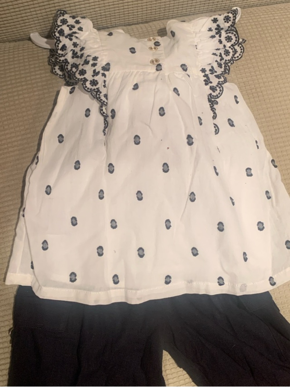 Max Studio White Eyelet Flutter Tank with Navy Embroidery